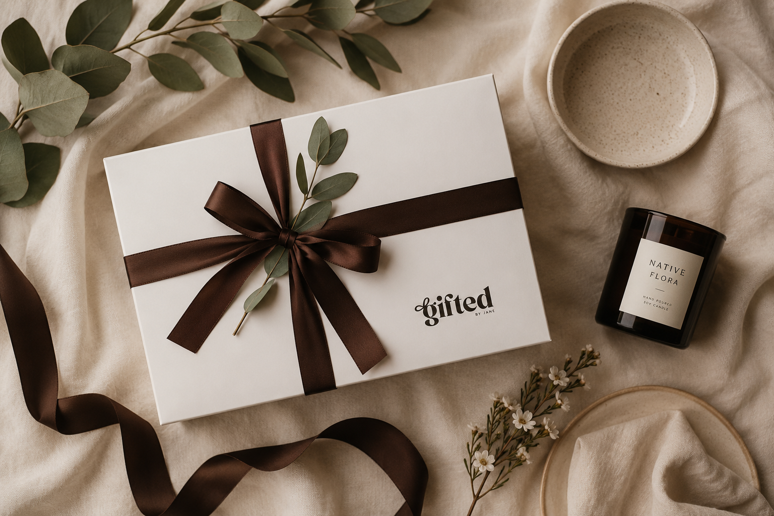 A white gift box tied with a dark brown ribbon and decorated with green eucalyptus leaves, styled on a beige fabric surface alongside a ceramic bowl, a candle jar labeled Native Flame, and dried floral sprigs.